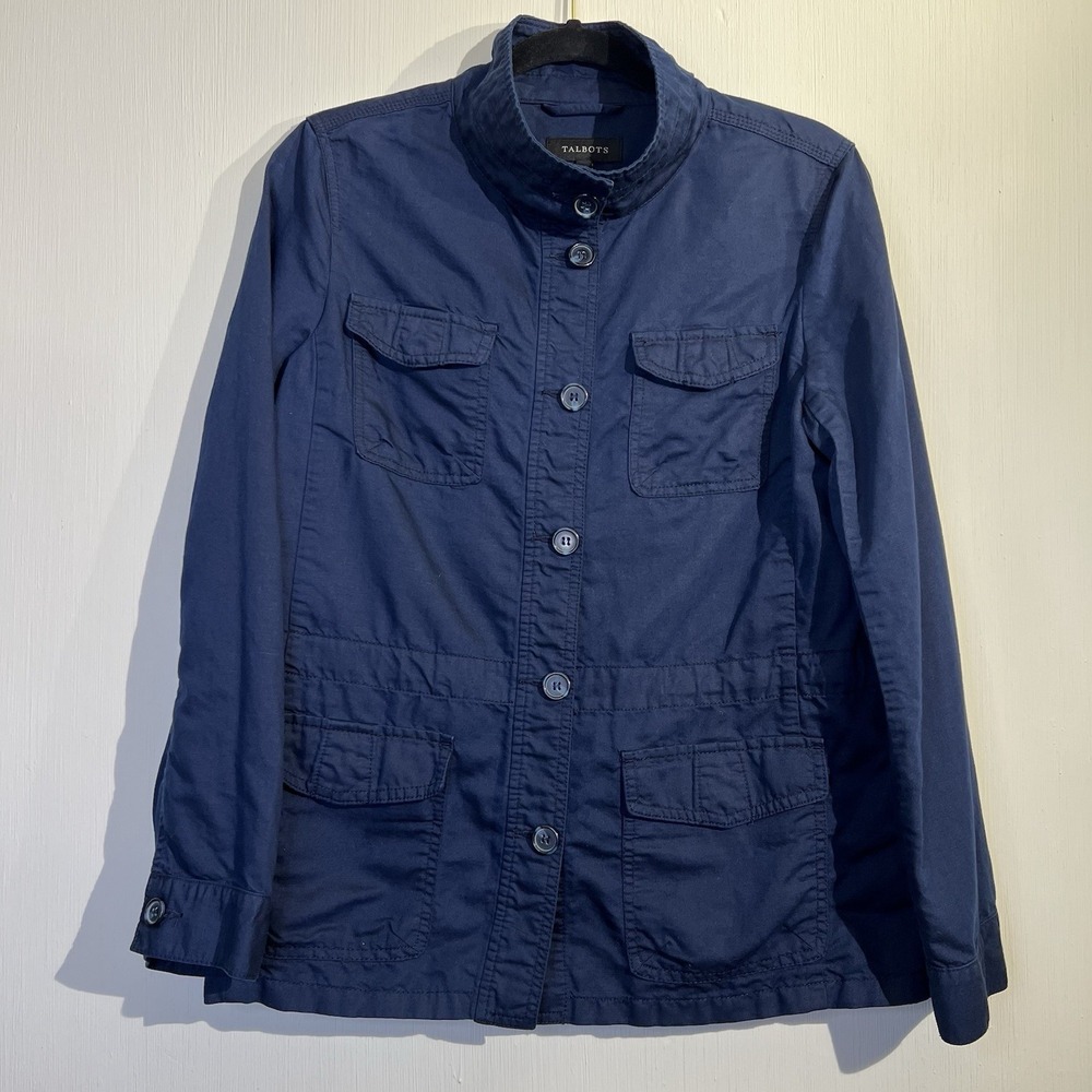 Talbots Navy Blue‎ Linen Blend Utility Shirt Jacket Women's Size Medium Military